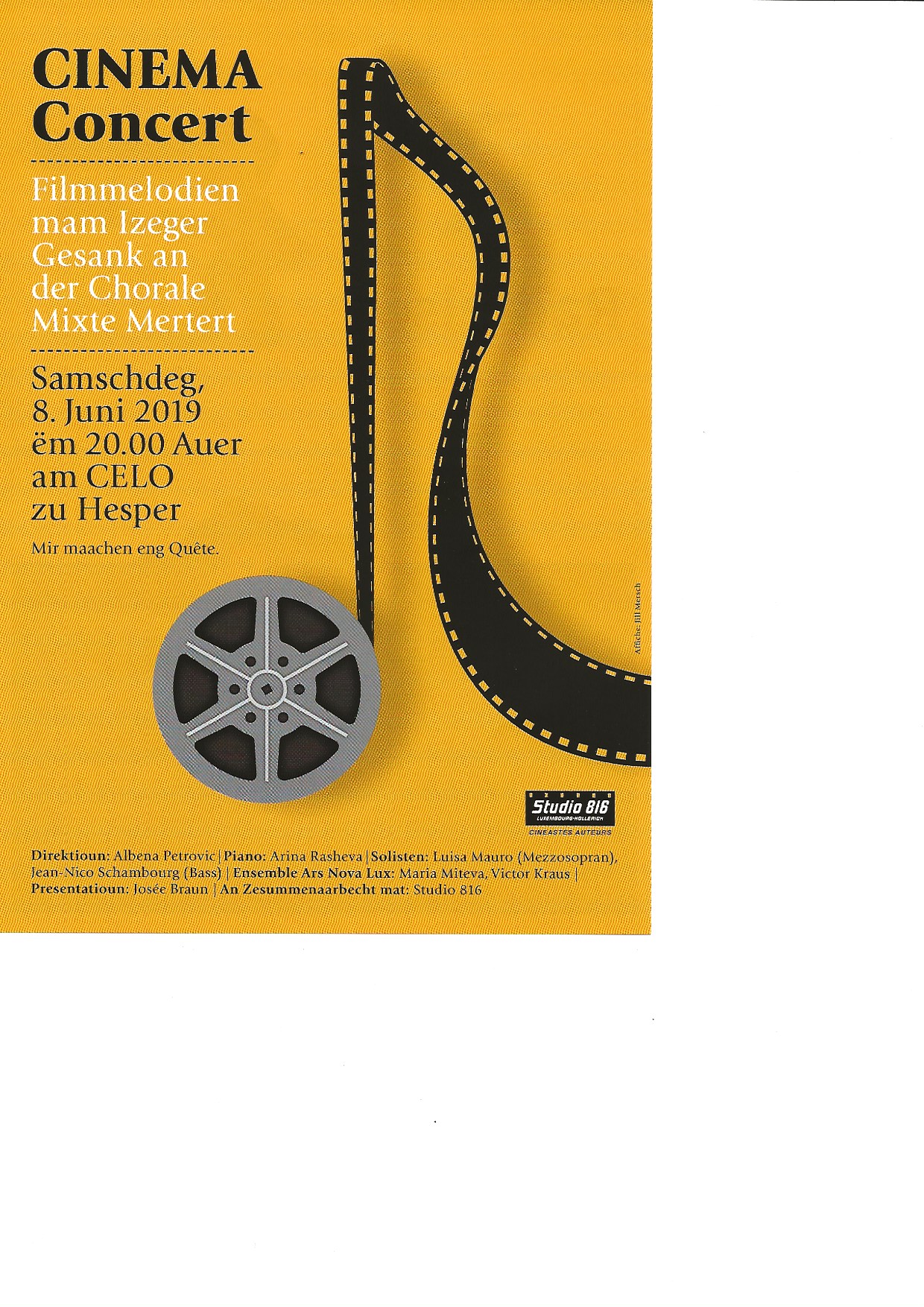 Den Izeger Gesank zesumme mat de Chorale Mixte Mertert invitéieren op hire concert am CELO zu Hesper e Samsdeg, 8. Juni 2019. Um Programm sti flott Melodien aus Filmer. 