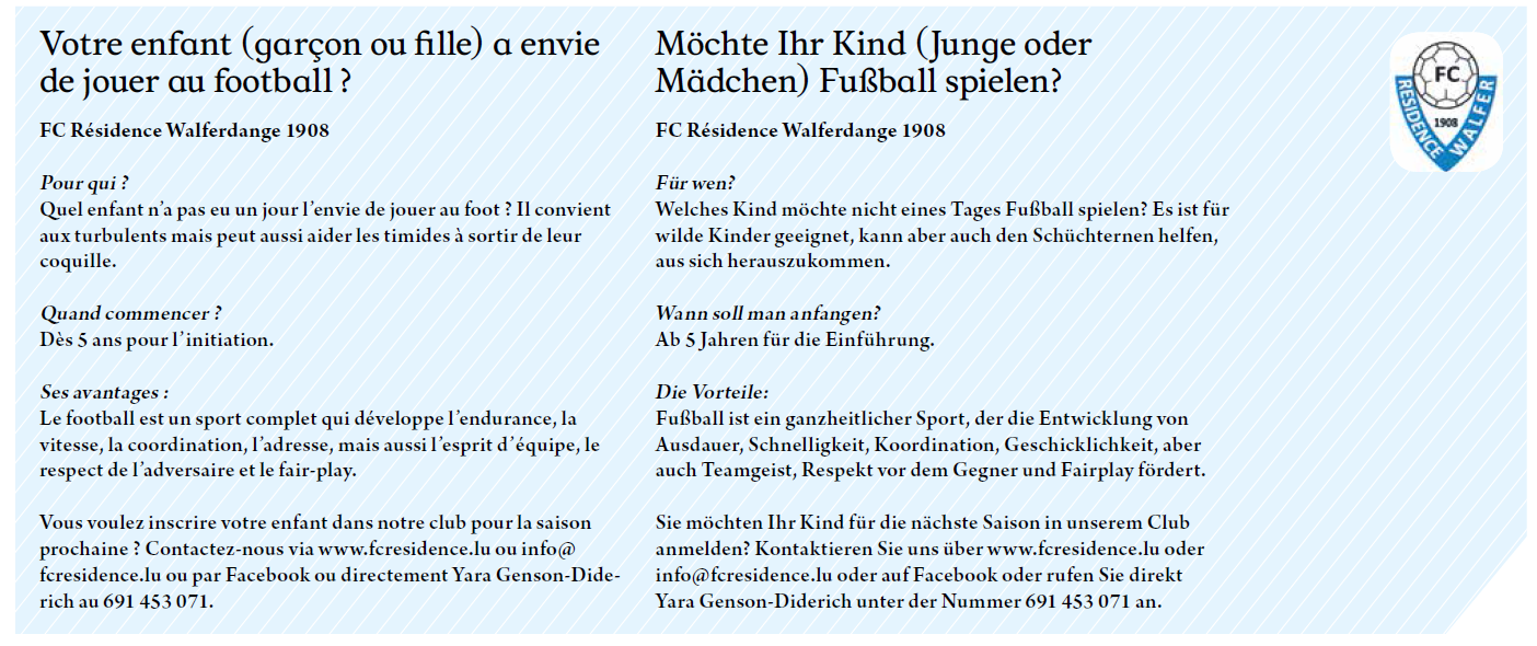 31/05/2019 FC Résidence Walferdange 1908 - Inscriptions Jeunes 2019/2020