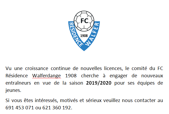 03/06/2019 Engageons entraîneurs pour équipes catégories jeunes 2019/2020