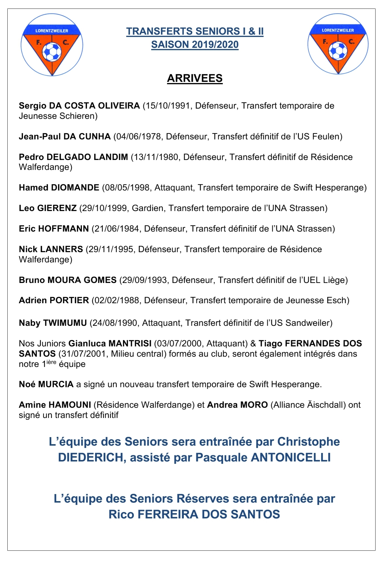 Transferts Seniors - Saison 2019/2020 Transferts Seniors - Saison 2019/2020