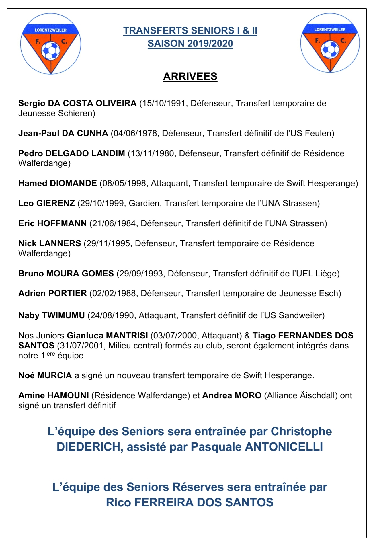 Transferts Seniors - Saison 2019/2020