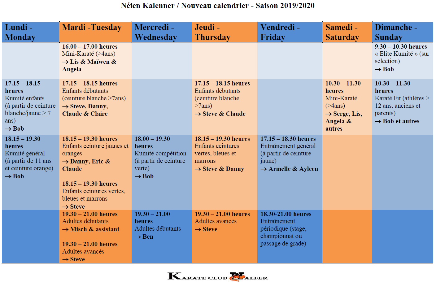 Néien Trainingsplang - Horaires d'entraînements - Practice schedule - 2019-20