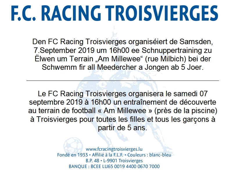 Schnuppertraining / Entraînement de découverte 07/09/2019