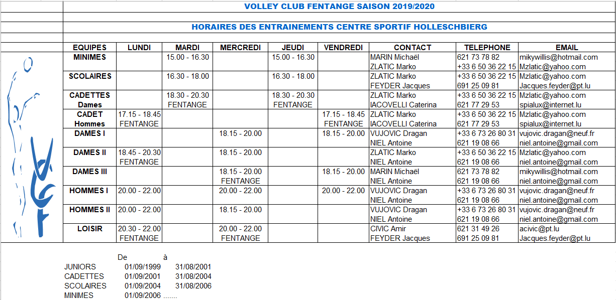 Horaires de entraînements 2019-2020