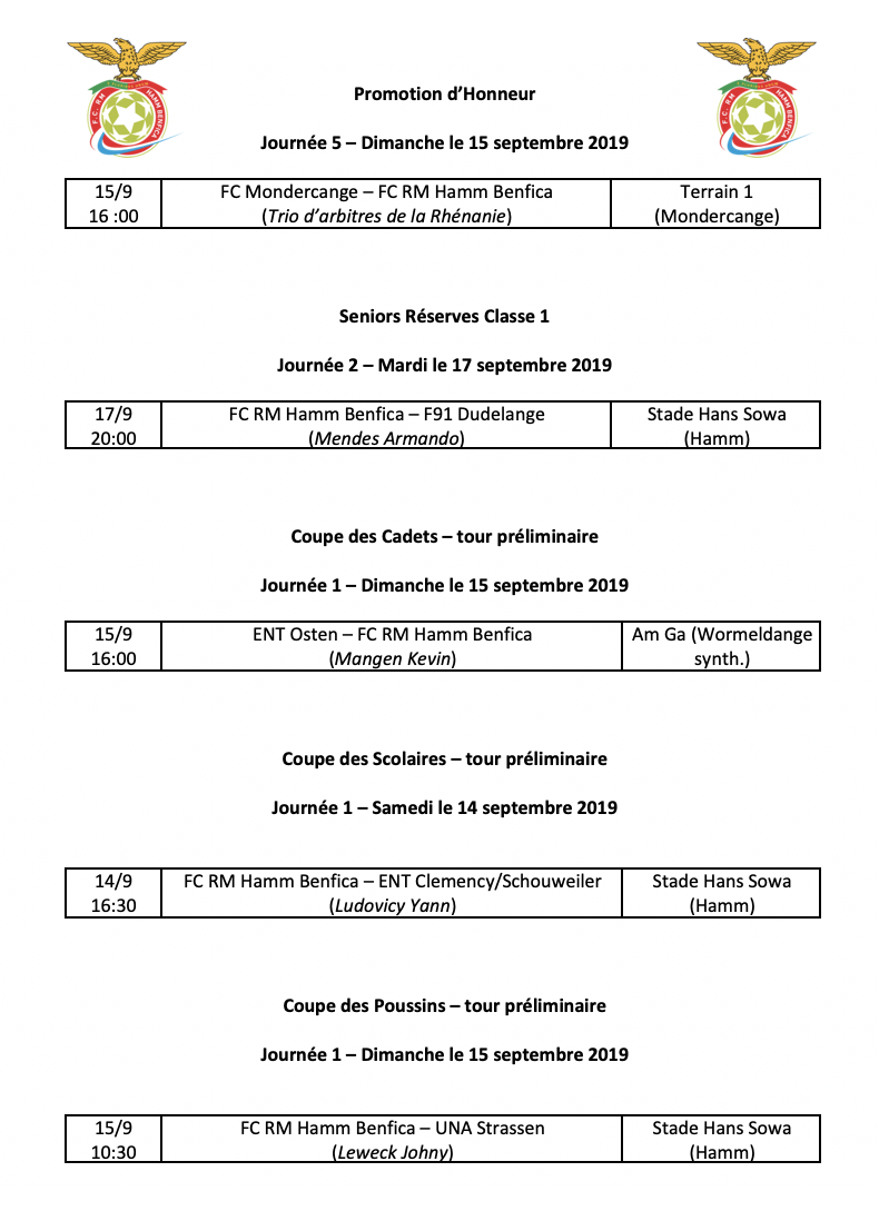 Matchs du 11/09/2019 au 17/09/2019 Matchs du 11/09/2019 au 17/09/2019