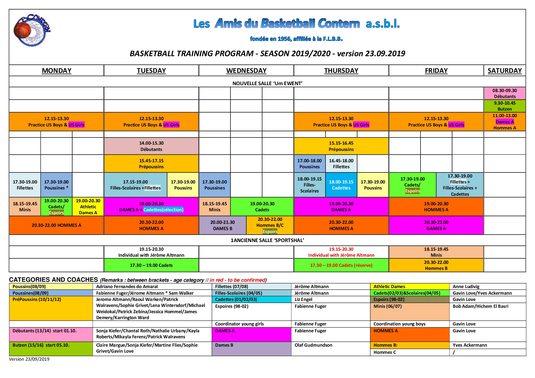 Trainingsplang 2019/2020 (update 23/09/2019)