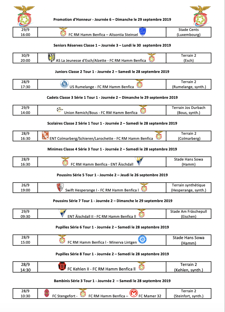 Matchs du 25.09.2019 au 02.10.2019 Matchs du 25.09.2019 au 02.10.2019