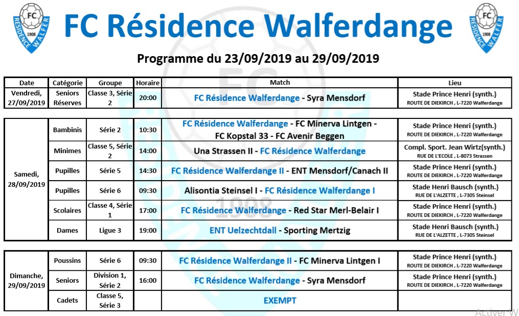 27/09/2019 Programme du week-end du 27/09/2019 au 29/09/2019