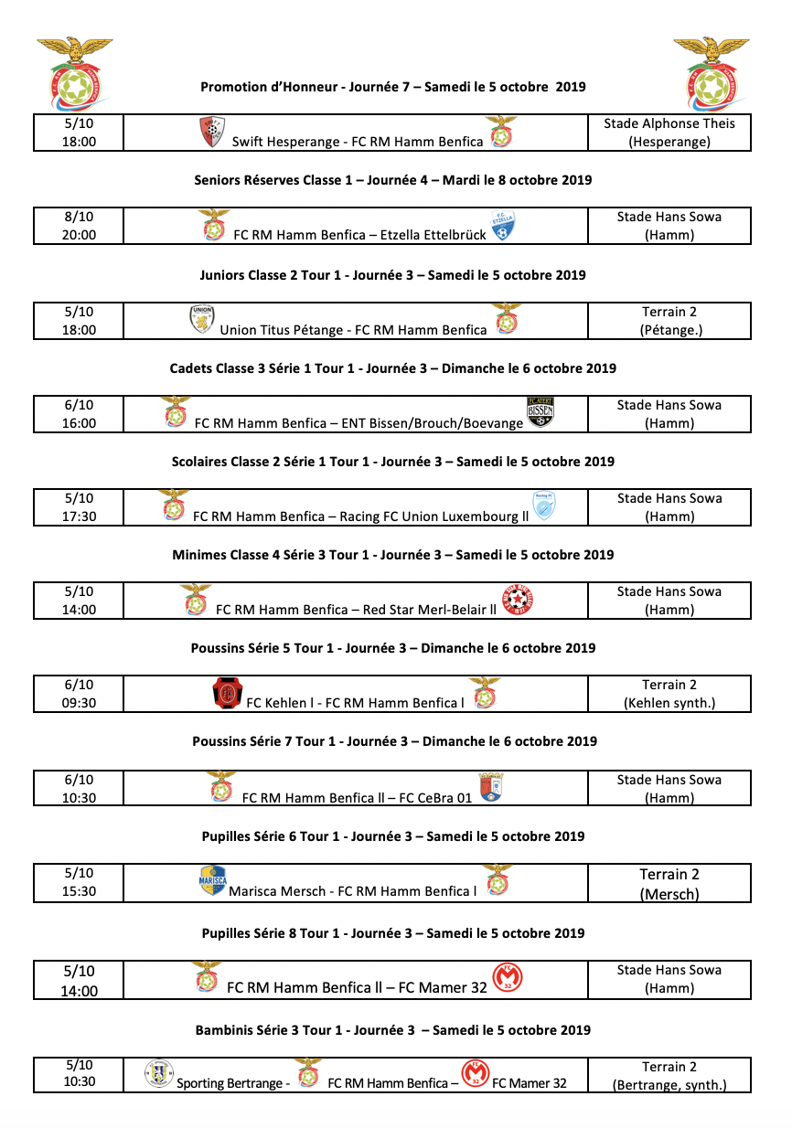 Matchs du 03.10.2019 au 09.10.2019 Matchs du 03.10.2019 au 09.10.2019