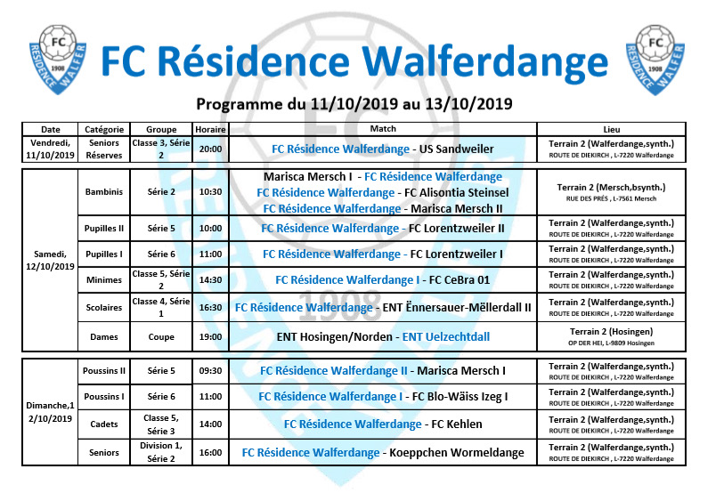 Programme du week-end du 11/10/2019 au 13/10/2019
