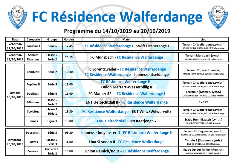 Programme du week-end du 14/10/2019 au 20/10/2019