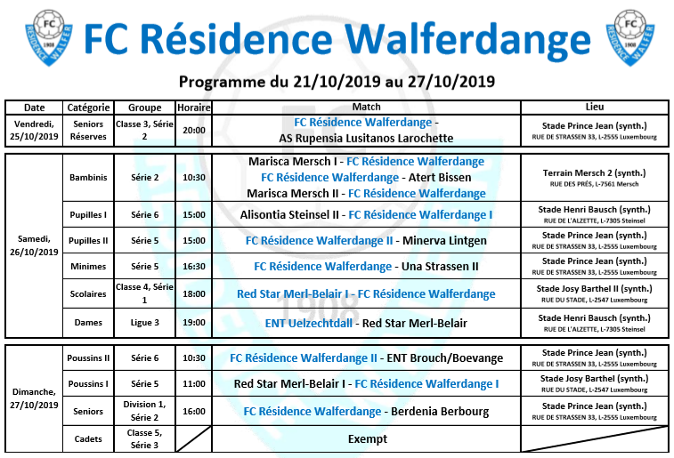 Programme du week-end du 21/10/2019 au 27/10/2019