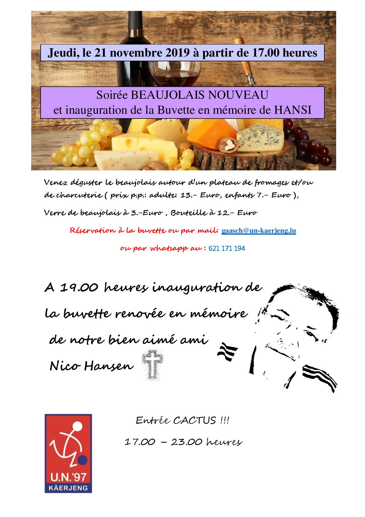 BEAUJOLAIS NOUVEAU Owend an d'inauguration vun der Buvette an Erënnerung un den HANSI BEAUJOLAIS NOUVEAU Owend an d'inauguration vun der Buvette an Erënnerung un den HANSI