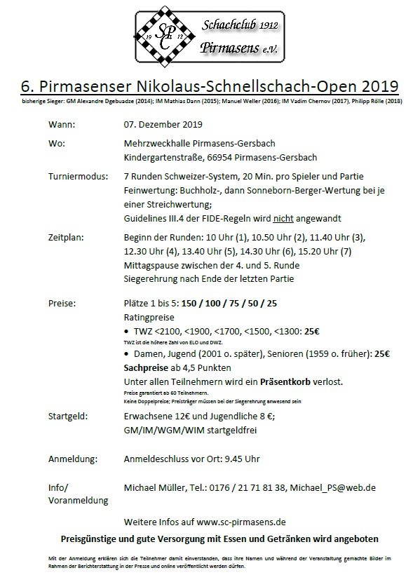 Coming up - 6th Rapid chess in Germany - 7th December 2019