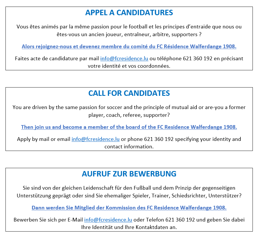Appel à candidatures / Call for candidates / Aufruf zur Bewerbung