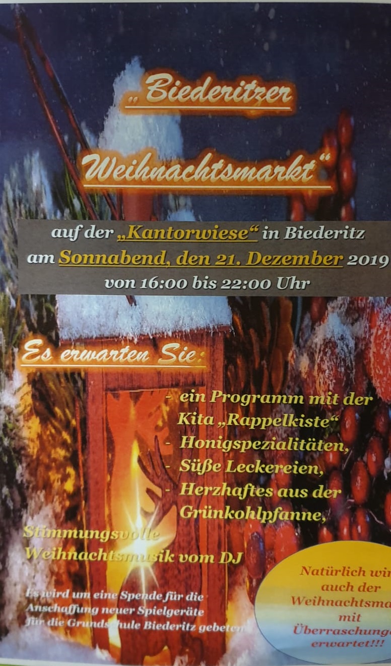 Weihnachtsmarkt in Biederitz am 21.12.2019 ab 15:00 Uhr Weihnachtsmarkt in Biederitz am 21.12.2019 ab 15:00 Uhr