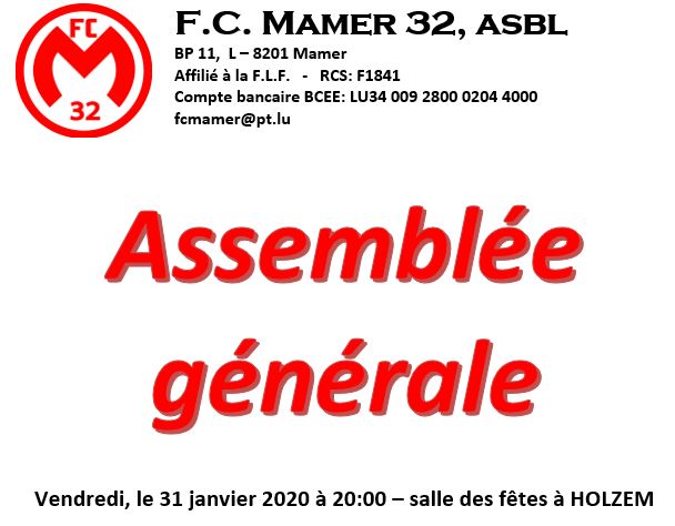 FC Mamer 32 asbl: ASSEMBLEE GENERALE, le 31 janvier 2020 à Holzem (20:00)