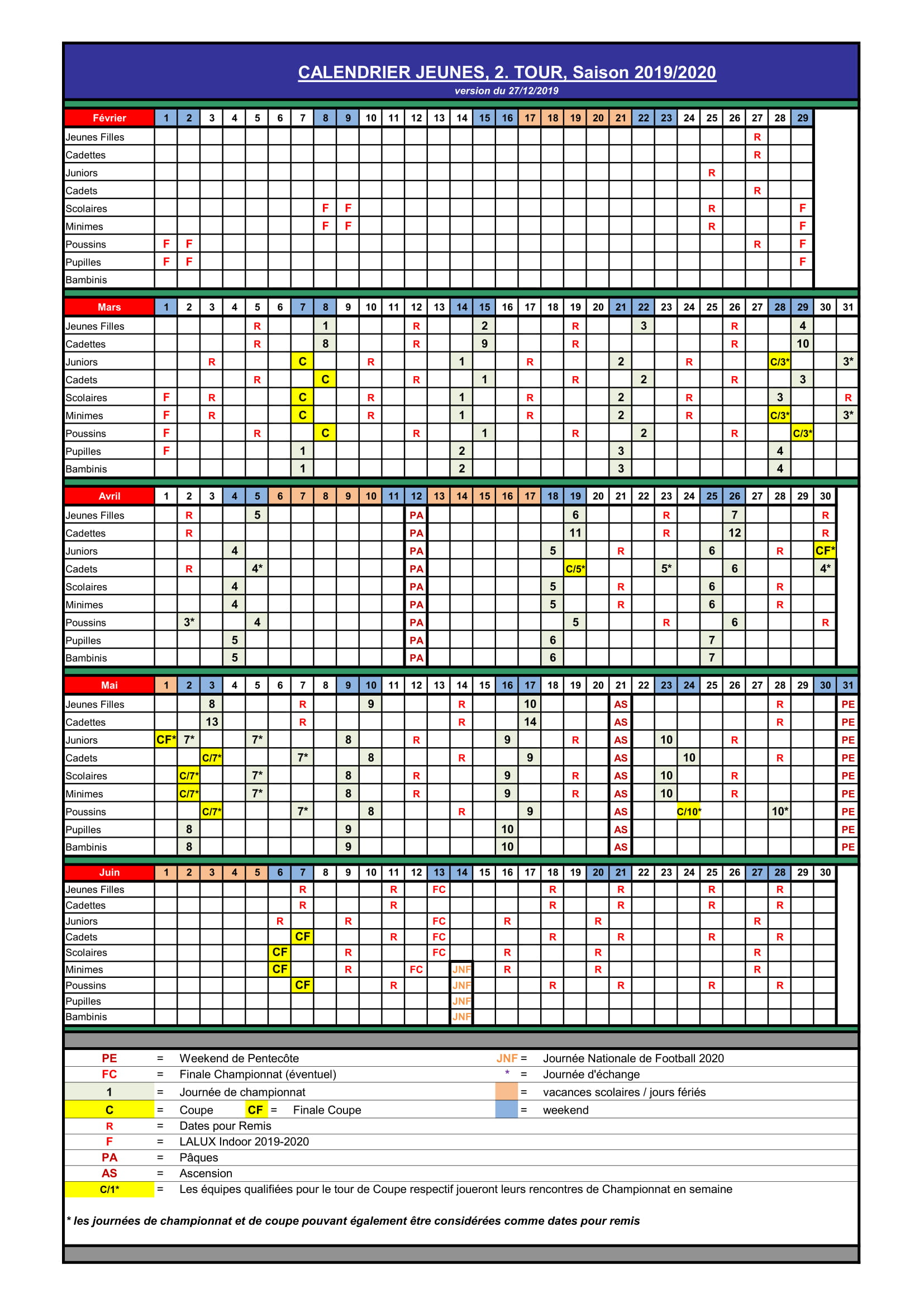calendrier jeunes 2 tour saison 2019/20