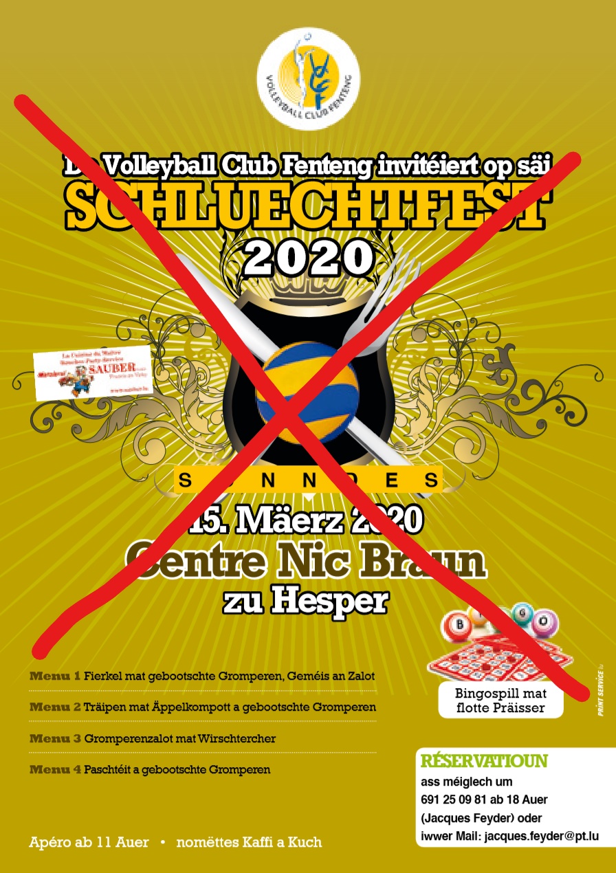 !!!ANNULLEIERT!!! - Schluechtfest vum Volleyball Club Fenteng den 15. Mäerz 2020 am Centre Nic Braun zu Hesper