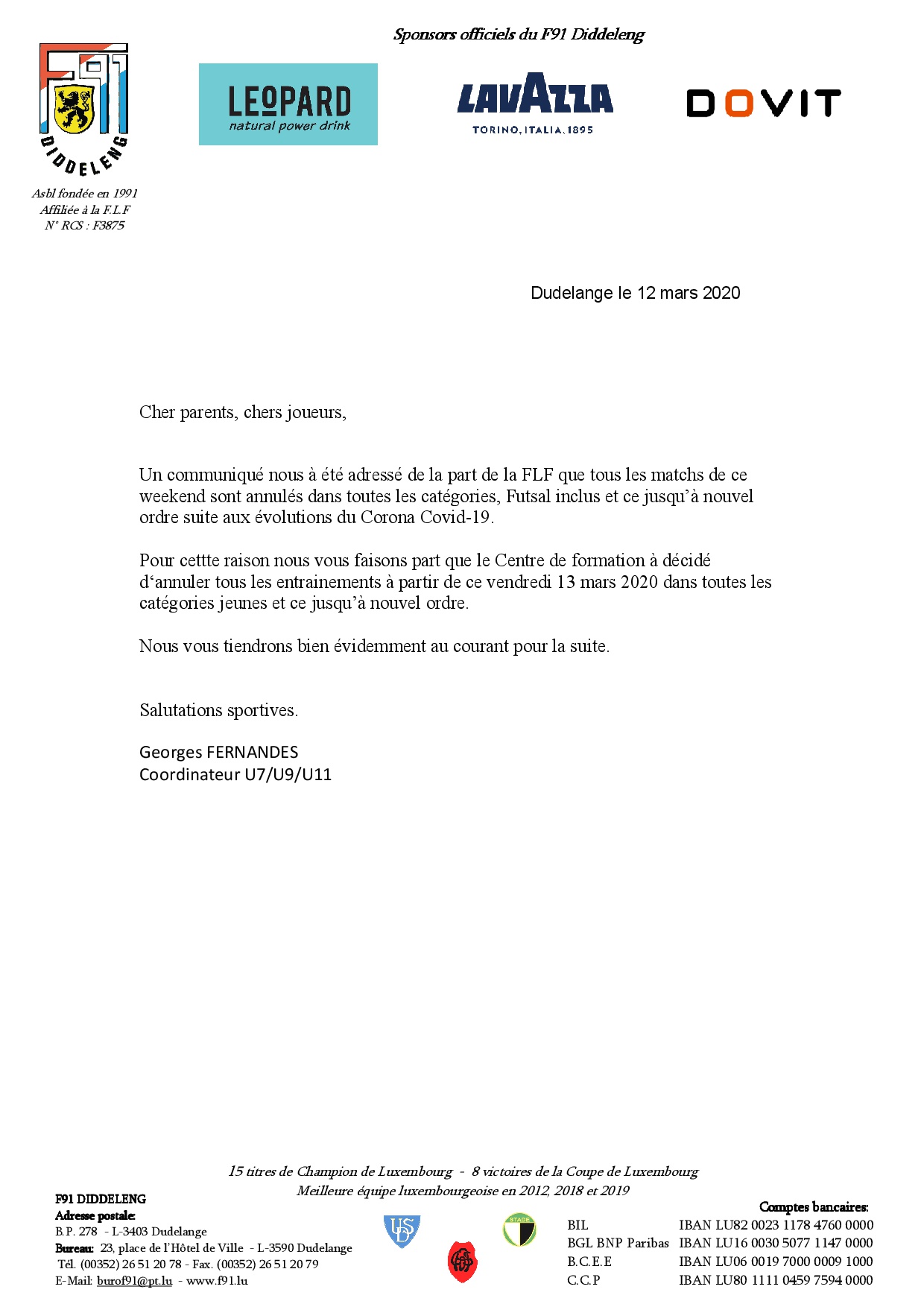 12.03.2020 ANNULATION DES MATCHS ET DES ENTRAINEMENTS