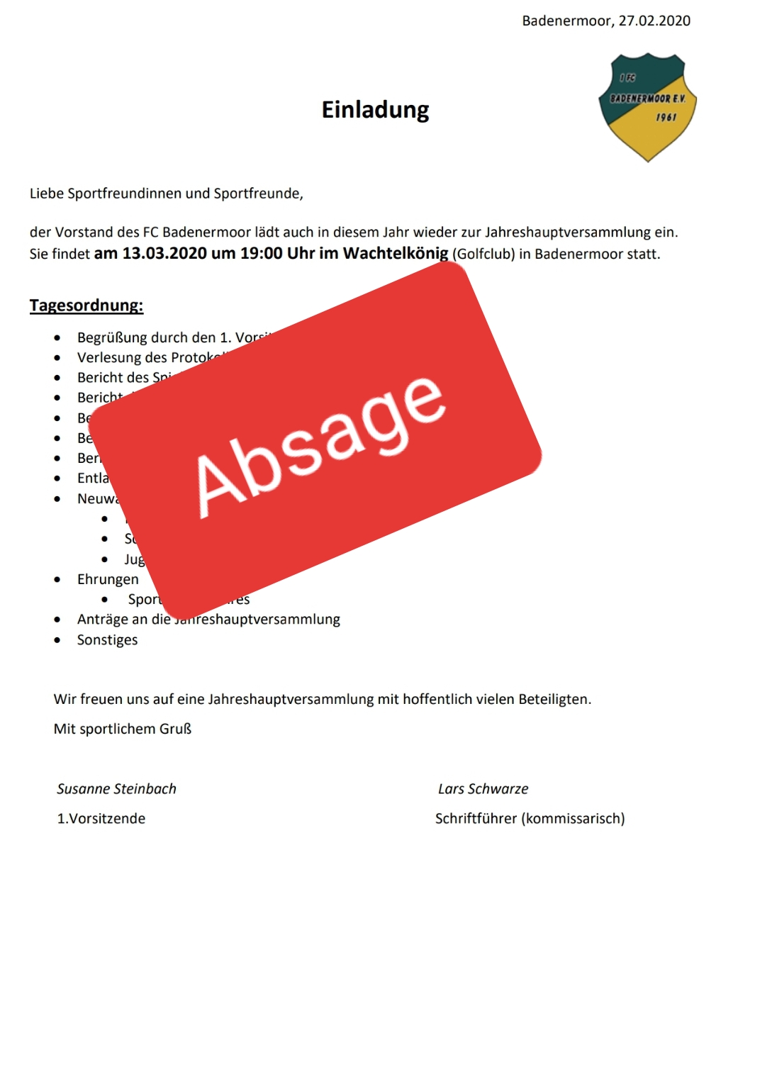 Absage der Jahreshauptversammlung Absage der Jahreshauptversammlung