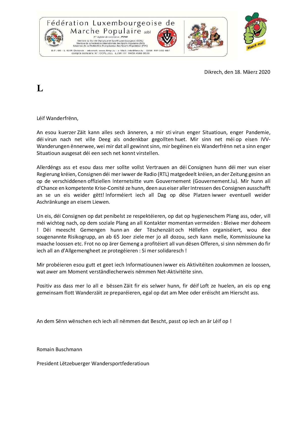 Hei ee Message vum Romain Buschmann, FLMP President