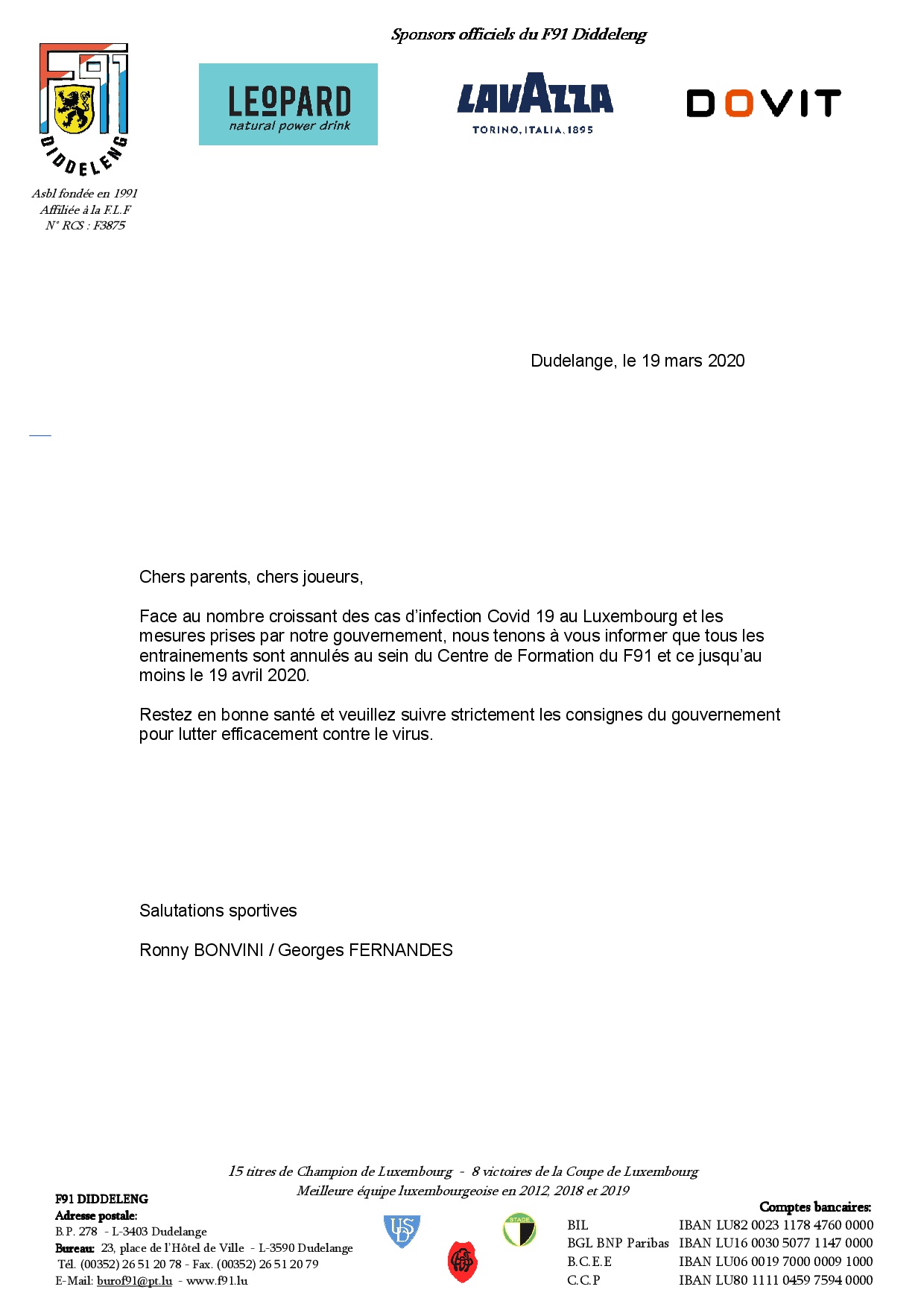 ANNULATION DES ENTRAINEMENTS