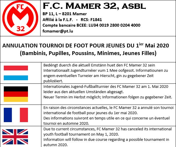 FC MAMER 32 asbl: ANNULATION TOURNOI DE FOOT POUR JEUNES DU 1ier Mai 2020