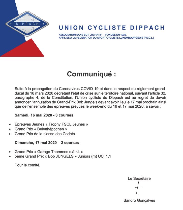 Annulation du Grand-Prix Bob Jungels ainsi que de l’ensemble des épreuves prévues le week-end du 16 et 17 mai 2020 Annulation du Grand-Prix Bob Jungels ainsi que de l’ensemble des épreuves prévues le week-end du 16 et 17 mai 2020