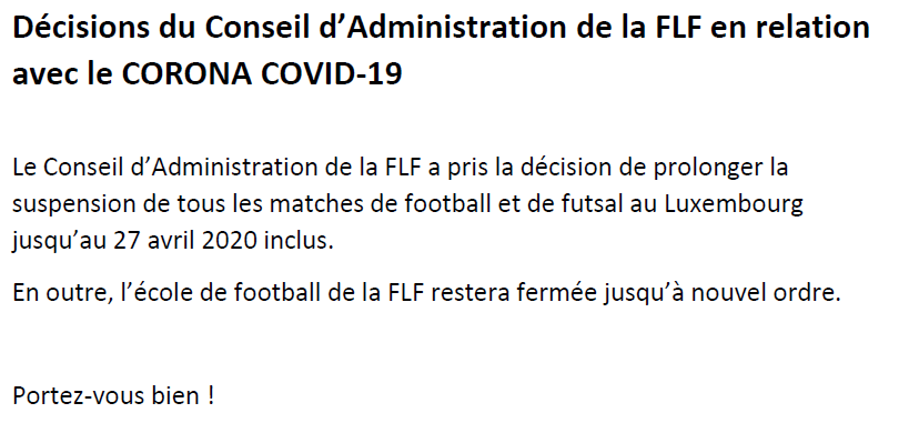 PLUS DE FOOTBALL JUSQUE FIN AVRIL... AU MOINS