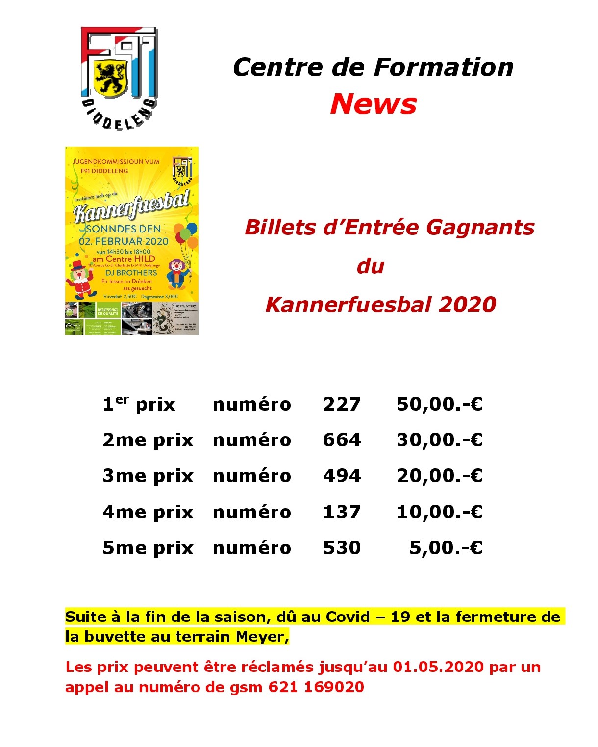 Billets d'Entrée Gagnants du Kannerfuesbal 2020