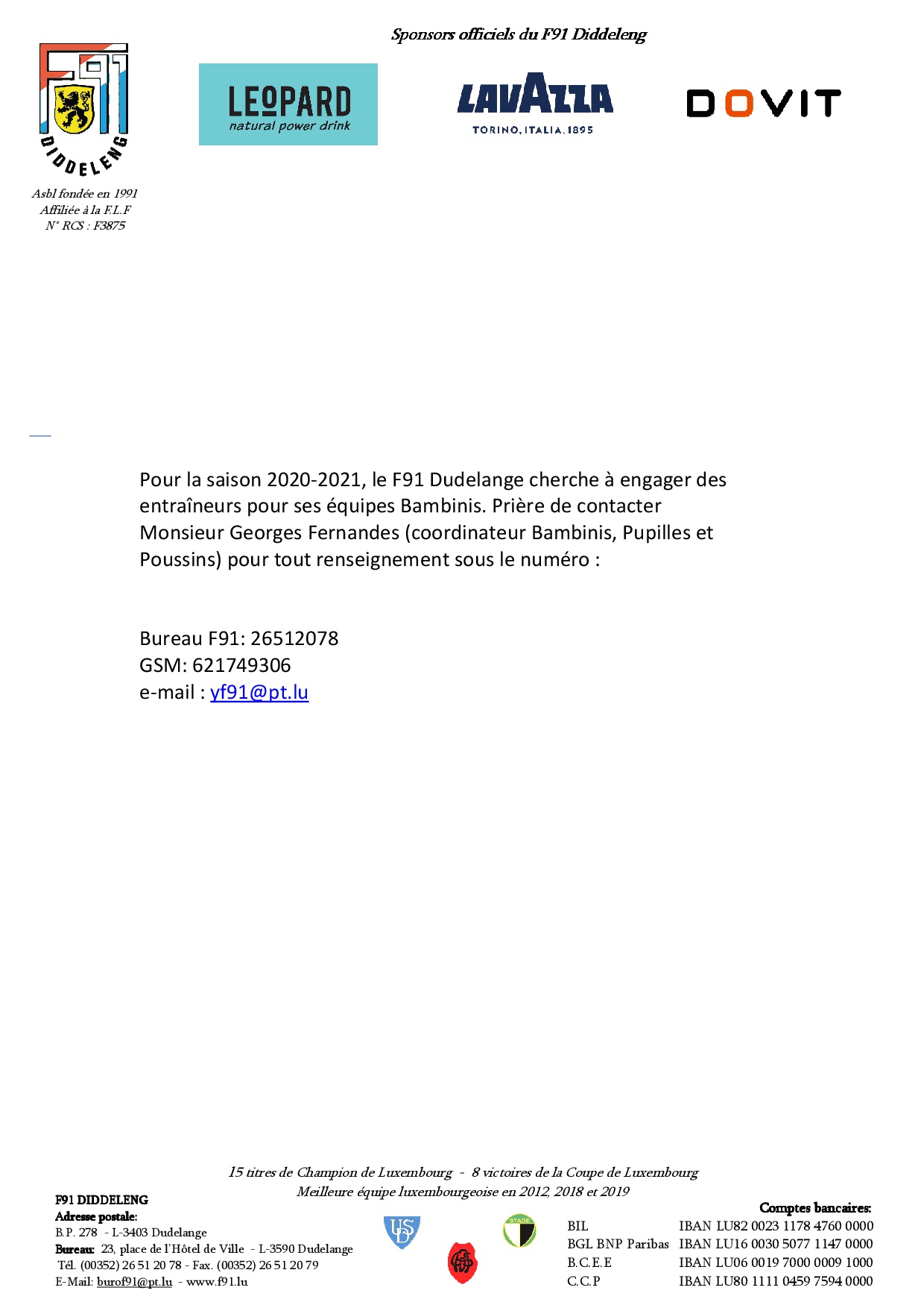 Centre de Formation: cherche entraîneurs