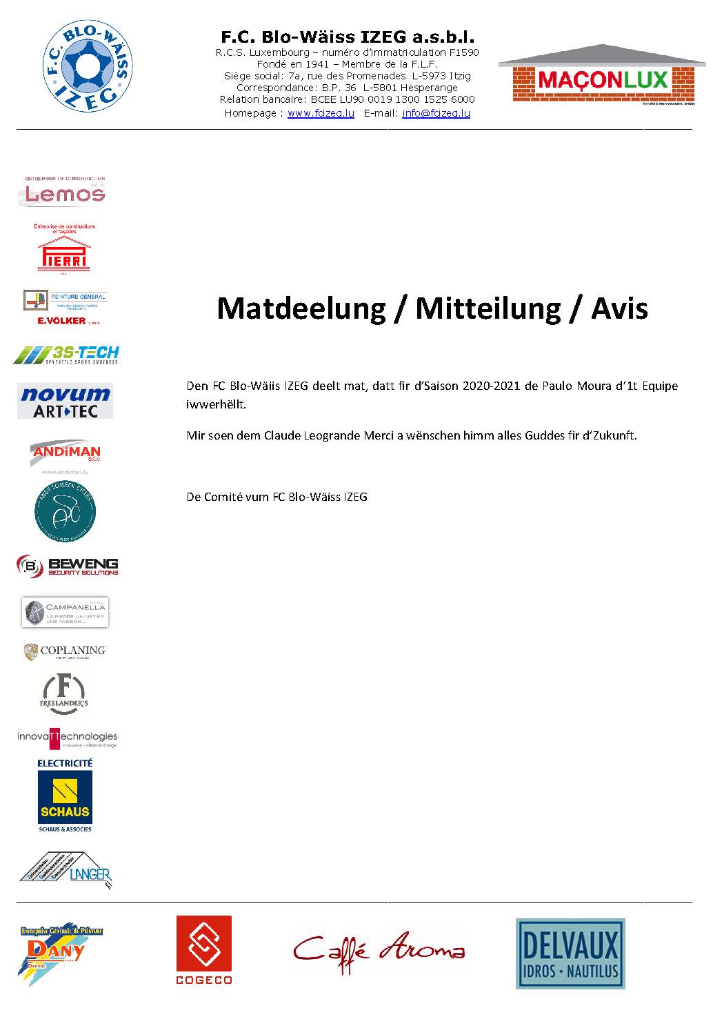 Trainerposten Seniors 1 - Saison 2020-2021