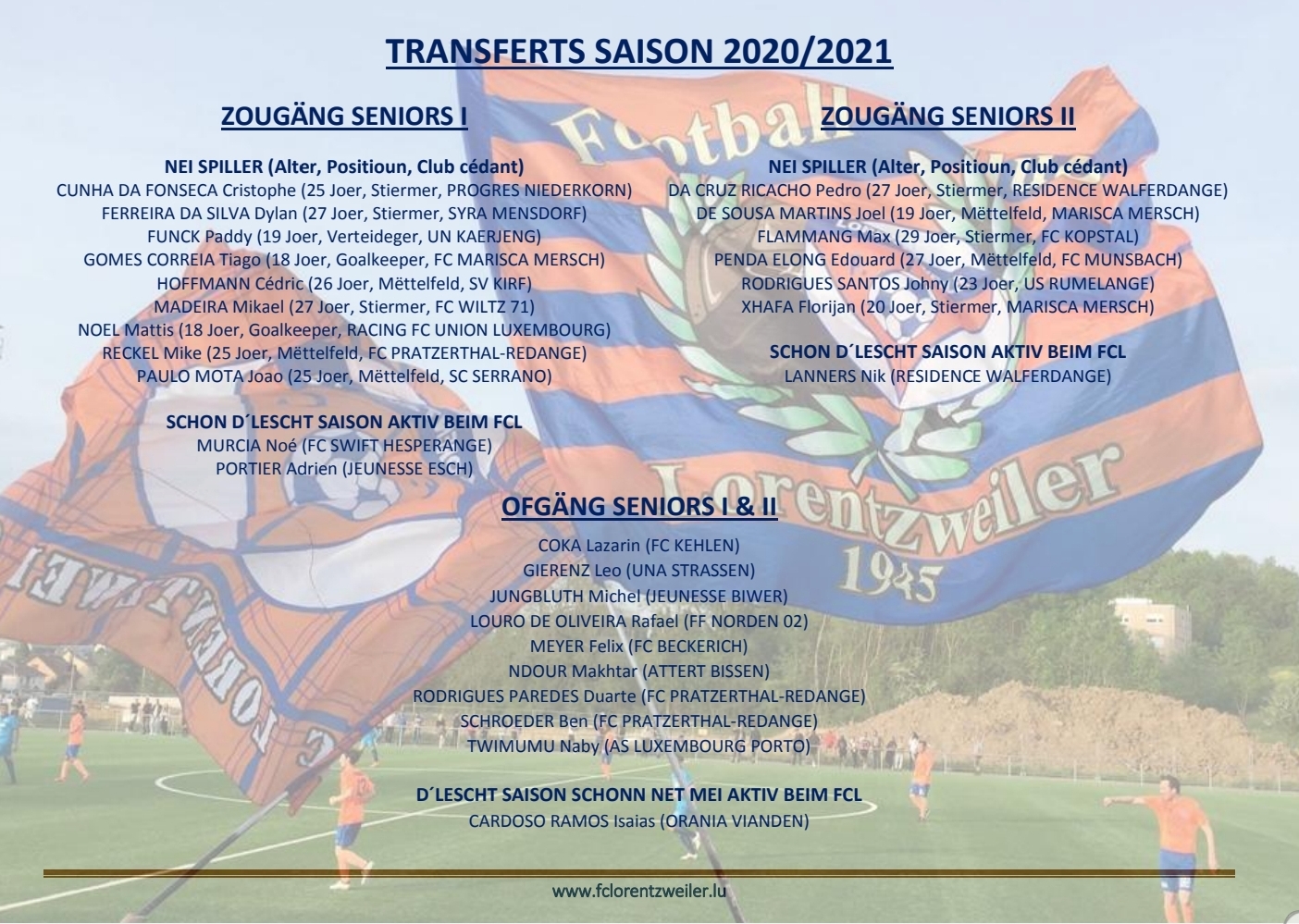 Transferts Seniors - Saison 2020/2021