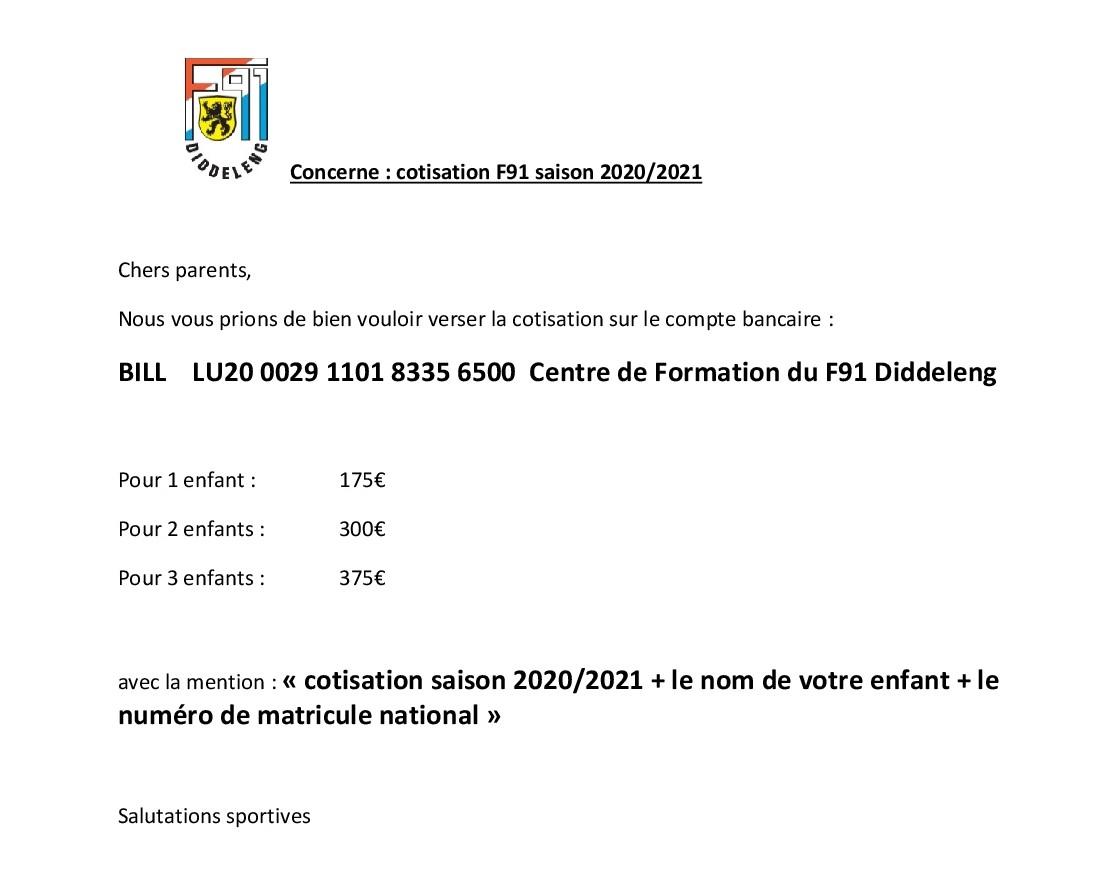 Centre de Formation - Cotisation saison 2020/2021 Centre de Formation - Cotisation saison 2020/2021