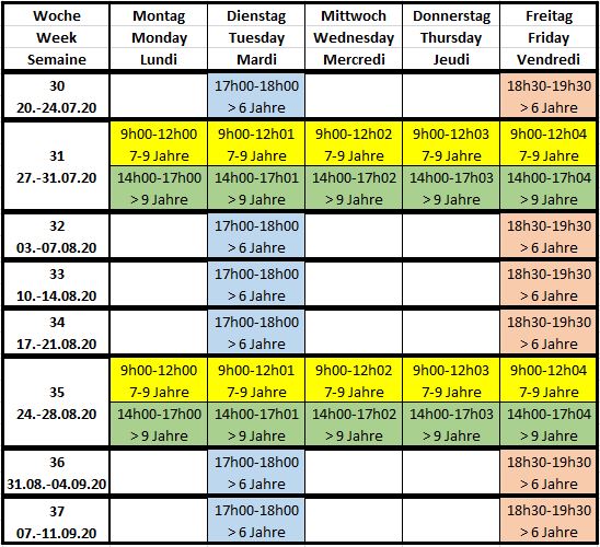 Trainingsplan in den Sommerferien / Training schedule during the summer holidays / Programme de formation pendant les vacances d'été