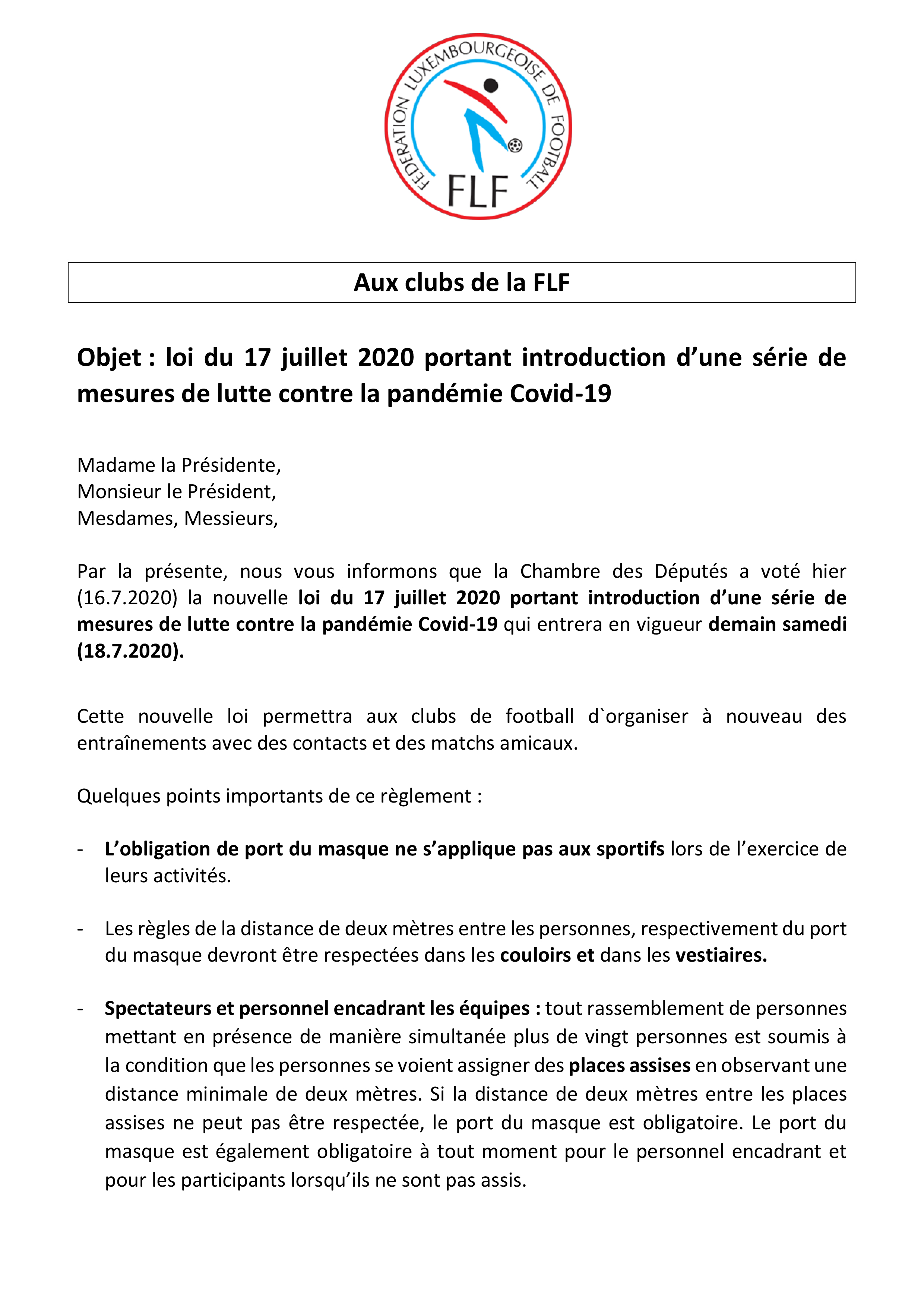 loi du 17 juillet 2020 portant introduction d’une série de mesures de lutte contre la pandémie Covid-19