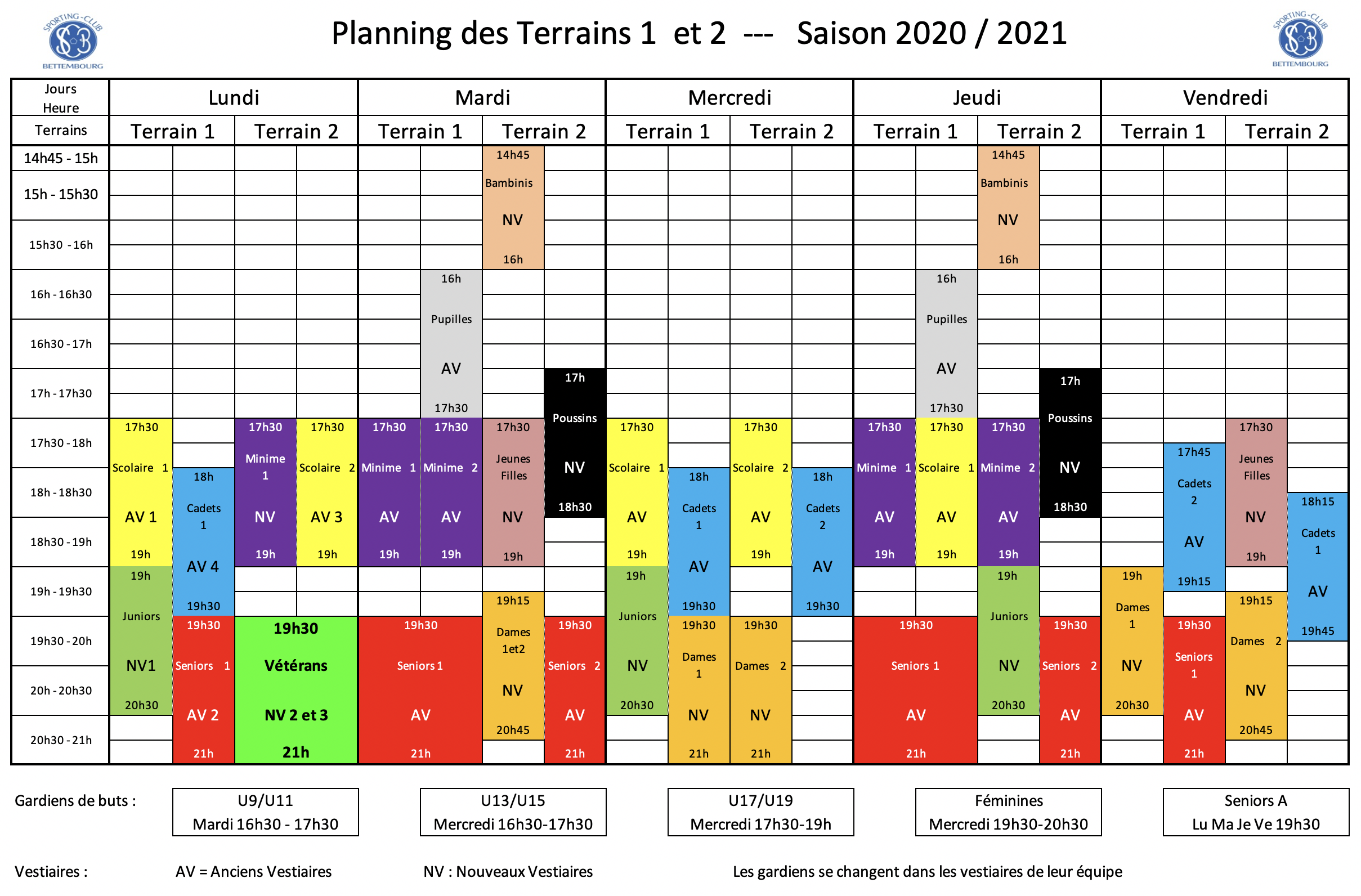 Planning des Entraînements 2020/2021