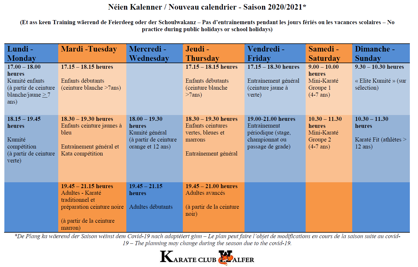 Néie Kalenner - nouveau calendrier - Saison 2020/21