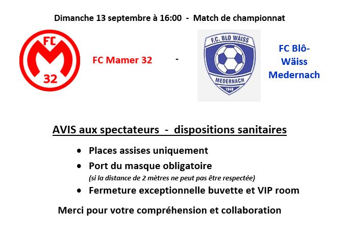FC Mamer 32  -  Blô-Wäiss Medernach le 13 septembre 2020 à 16:00  AVIS