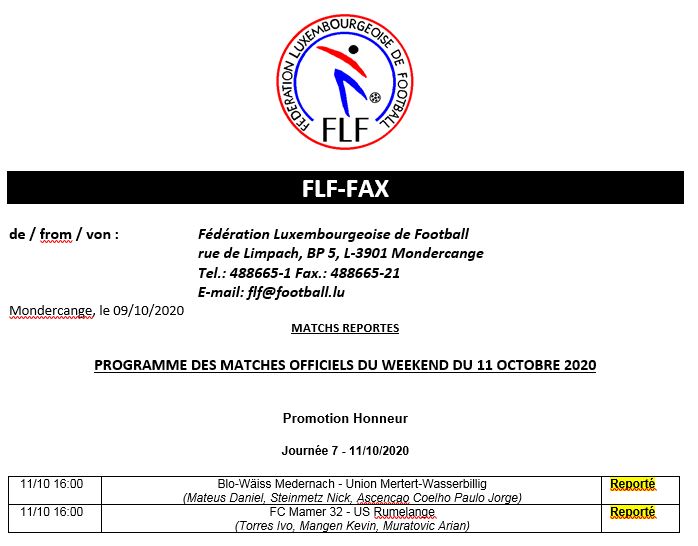Match de championnat du 11.10.2020 FC Mamer 32 - US Rumelange   REPORTÉ