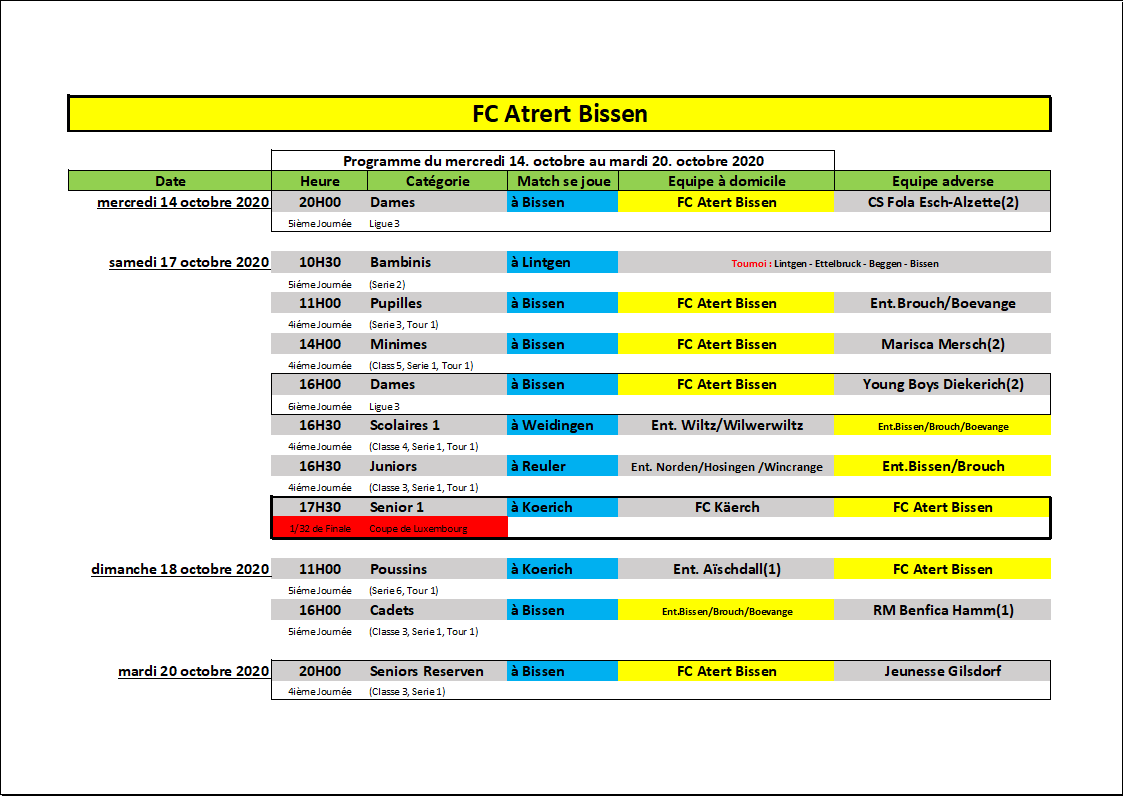 Programme du 14 - 20 Octobre 2020