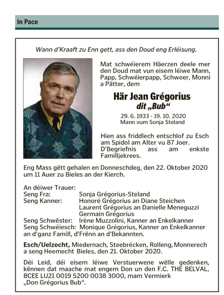 Grégorius Jean - dit Bub (29.06.1933 - 19.10.2020)