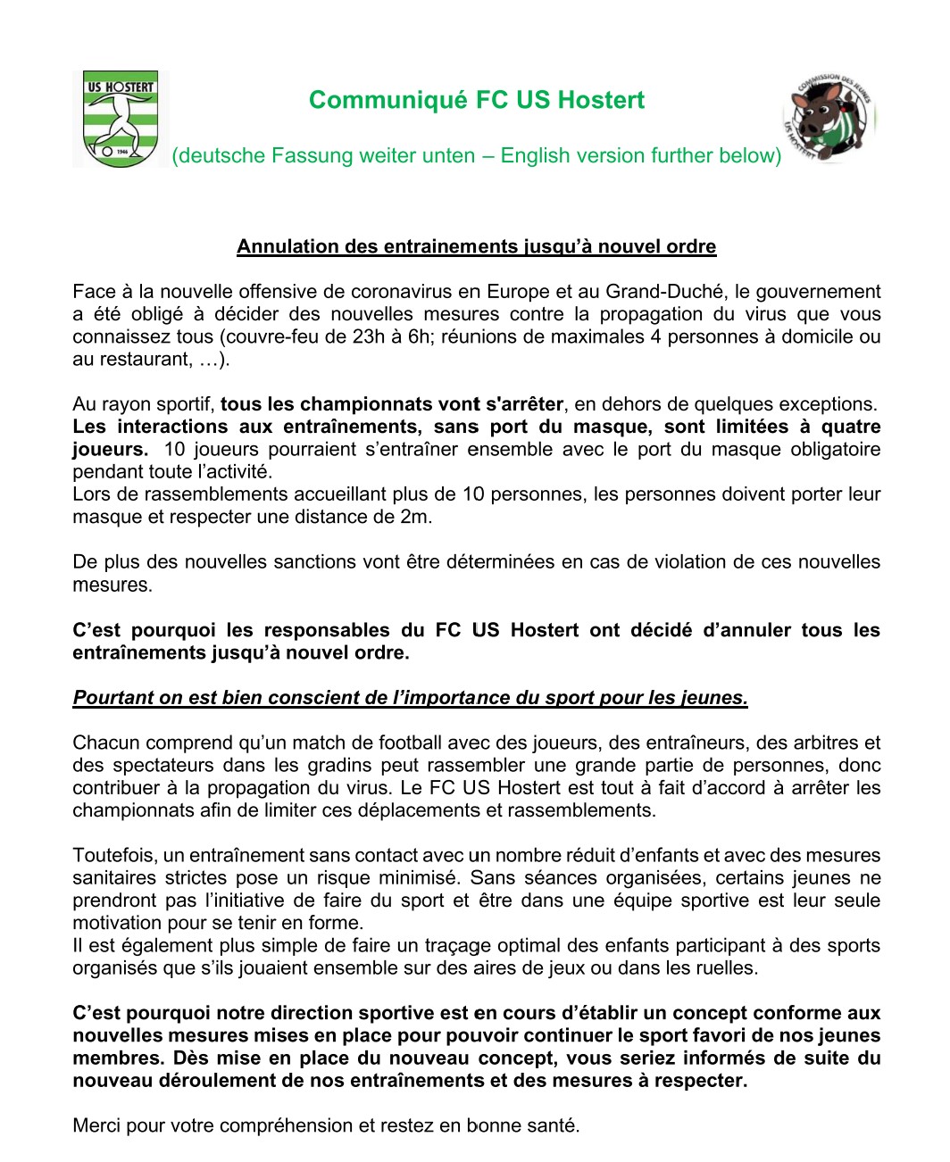 Jugend-News: Annulation des entrainements