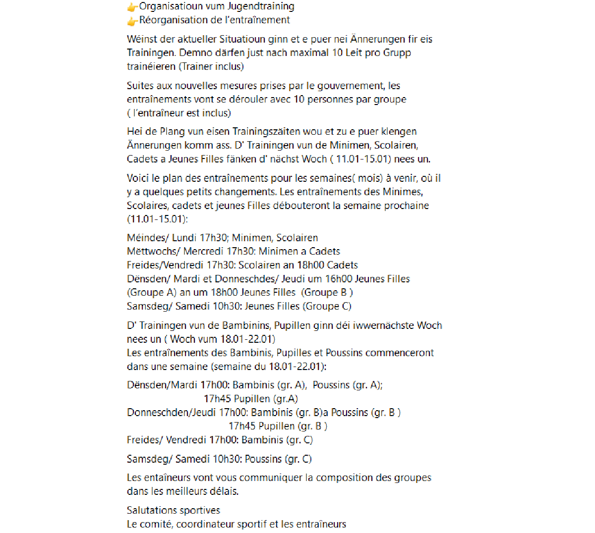 10. Januar: Nei Organisatioun vum Jugendtraining 10. Januar: Nei Organisatioun vum Jugendtraining