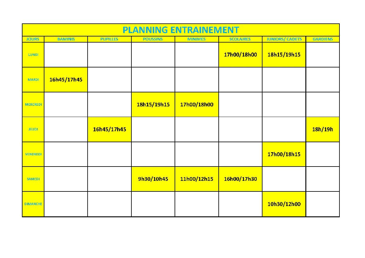 Planning entrainements catégories jeunes (février-mars 2021)