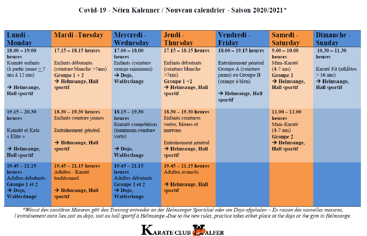 Update - Trainingsplang - horaires - planning