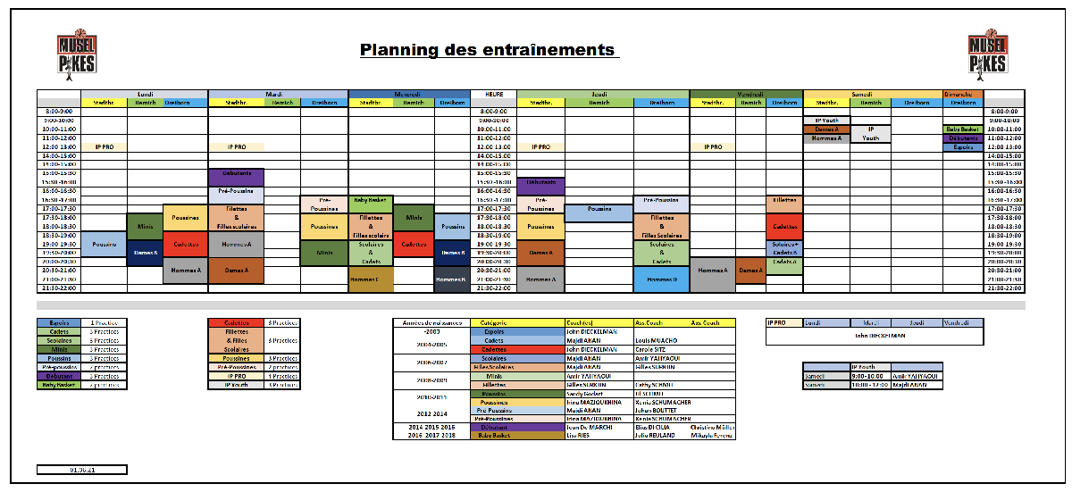 Planning des entraînements - practice schedule 2021-2022 Planning des entraînements - practice schedule 2021-2022
