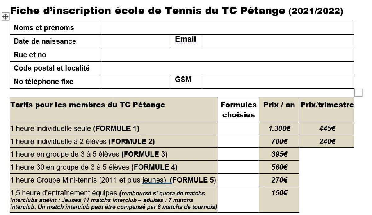 Inscriptions : Ecoles de tennis 2021/2022