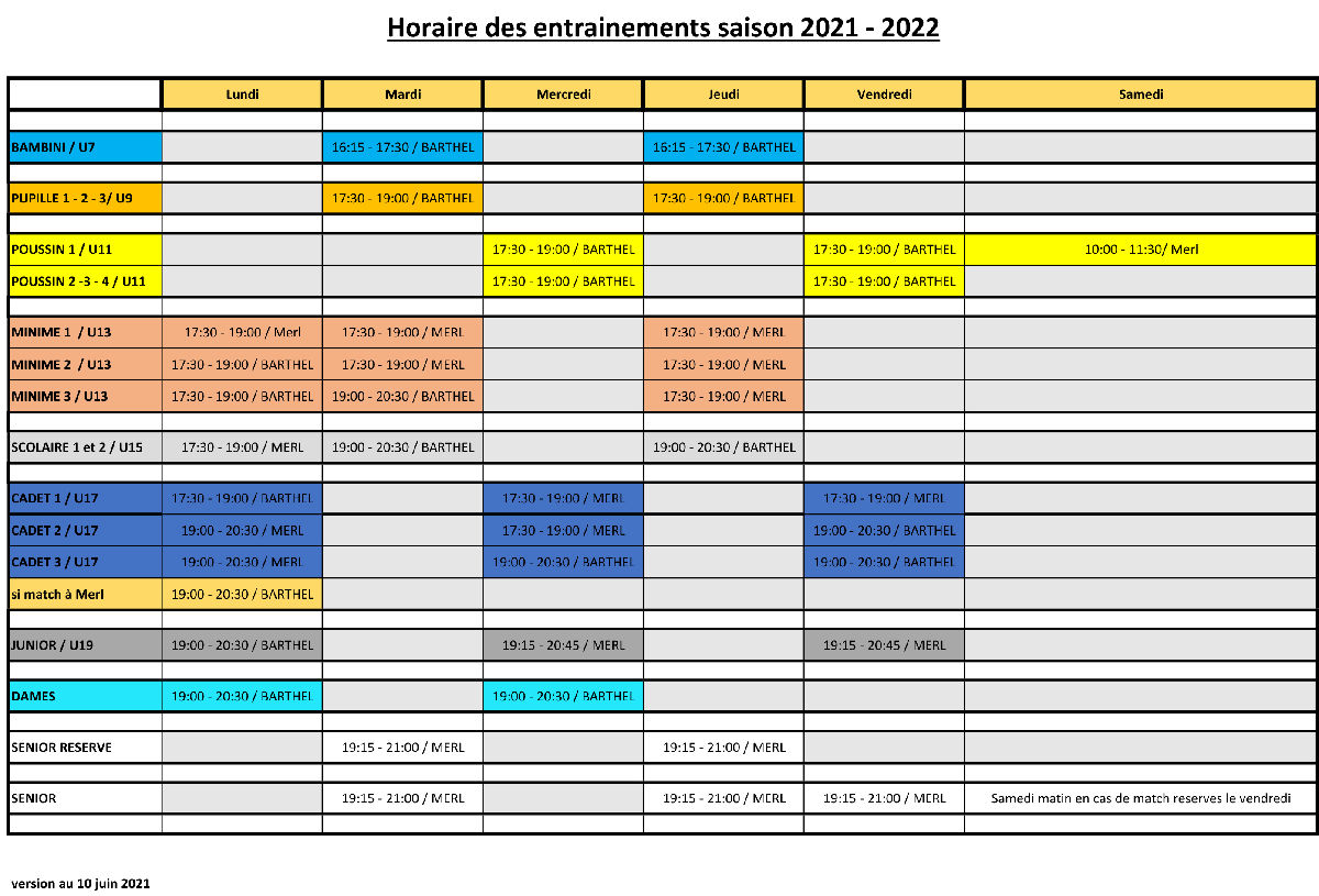 Horaire des entrainements saison 2021 - 2022